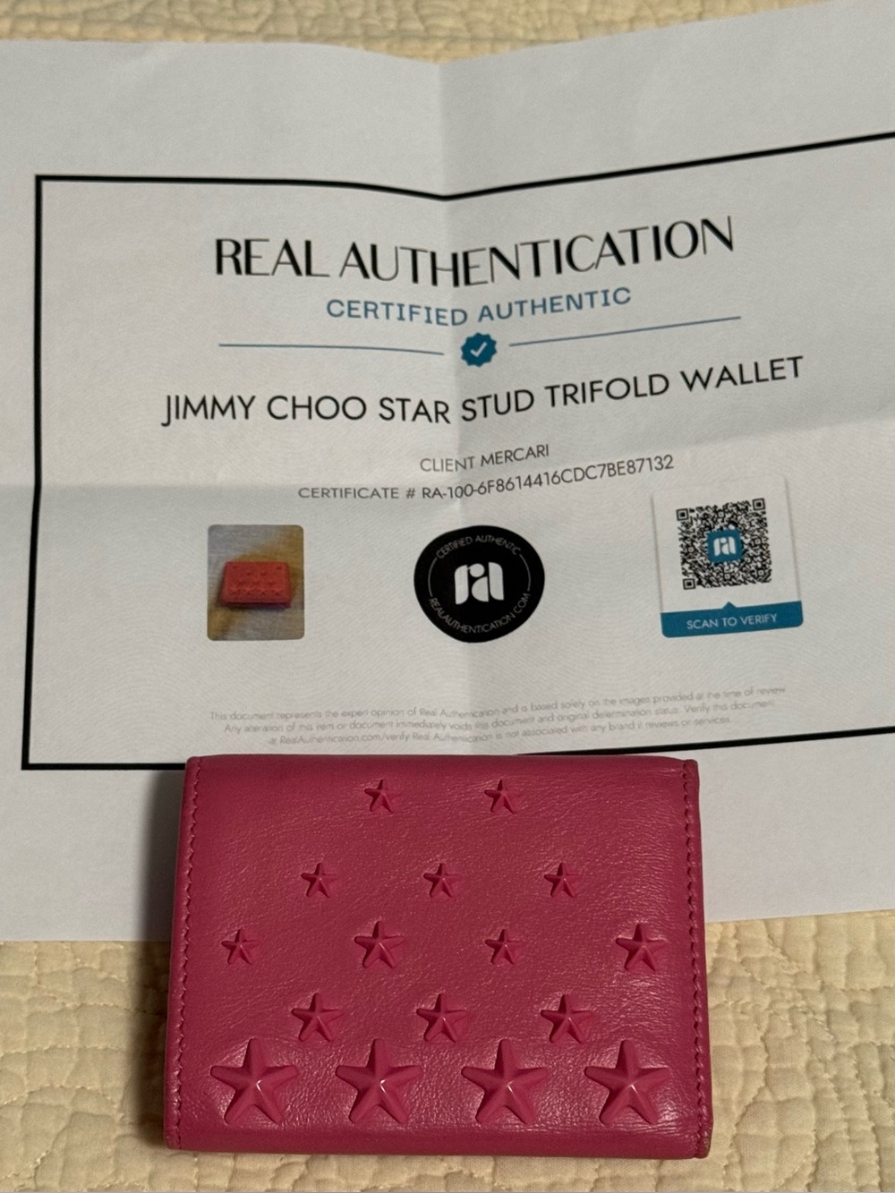 Jimmy Choo “Star Stud” Hot Pink Trifold Leather Wallet! With COA
